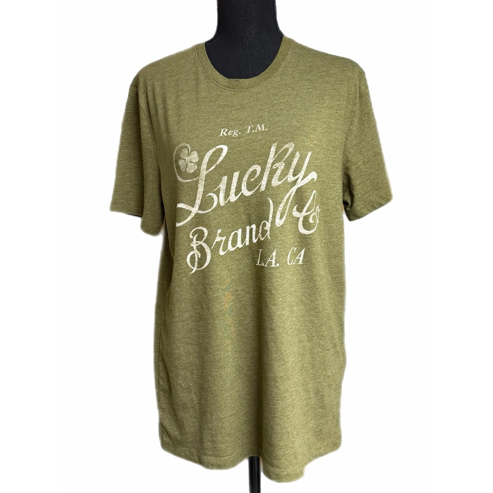 Lucky Brand Mens Graphic Tee Heather Olive Green Script Logo T-Shirt Size M